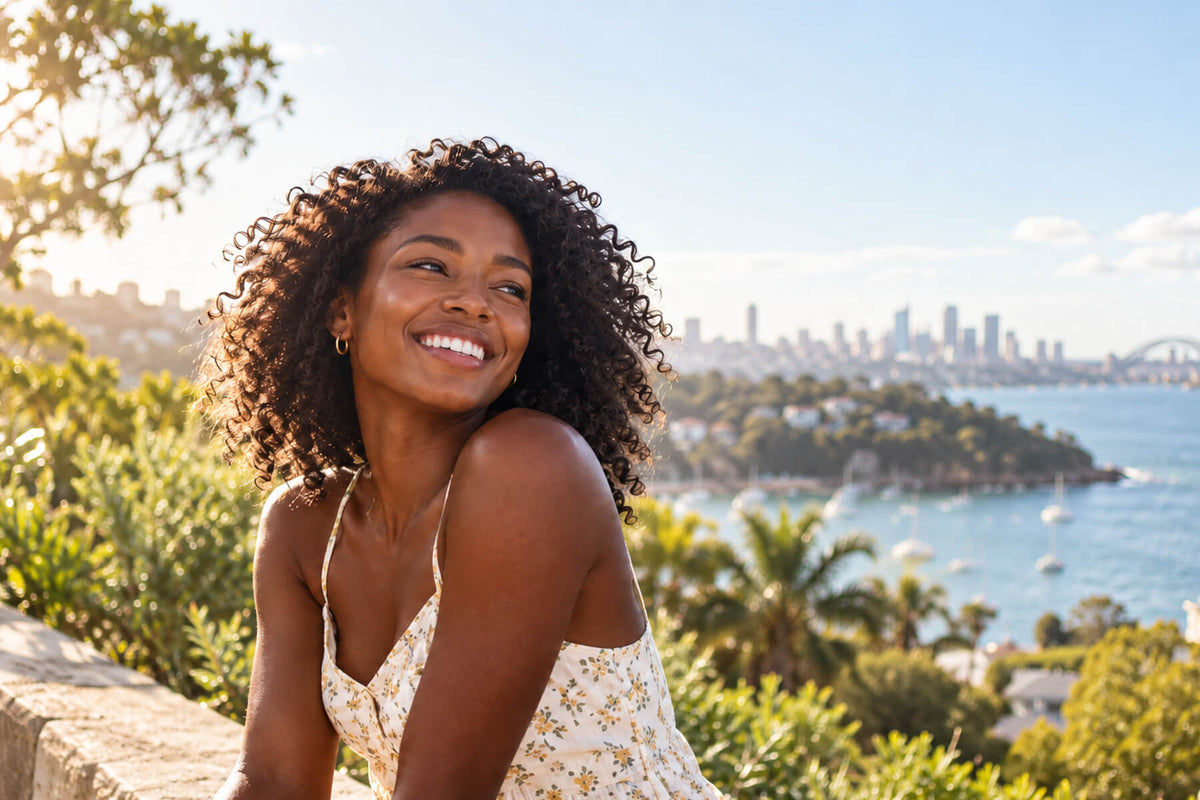 Black woman with natural curly hair smiling outdoors with a sunny harbour and city skyline in the background