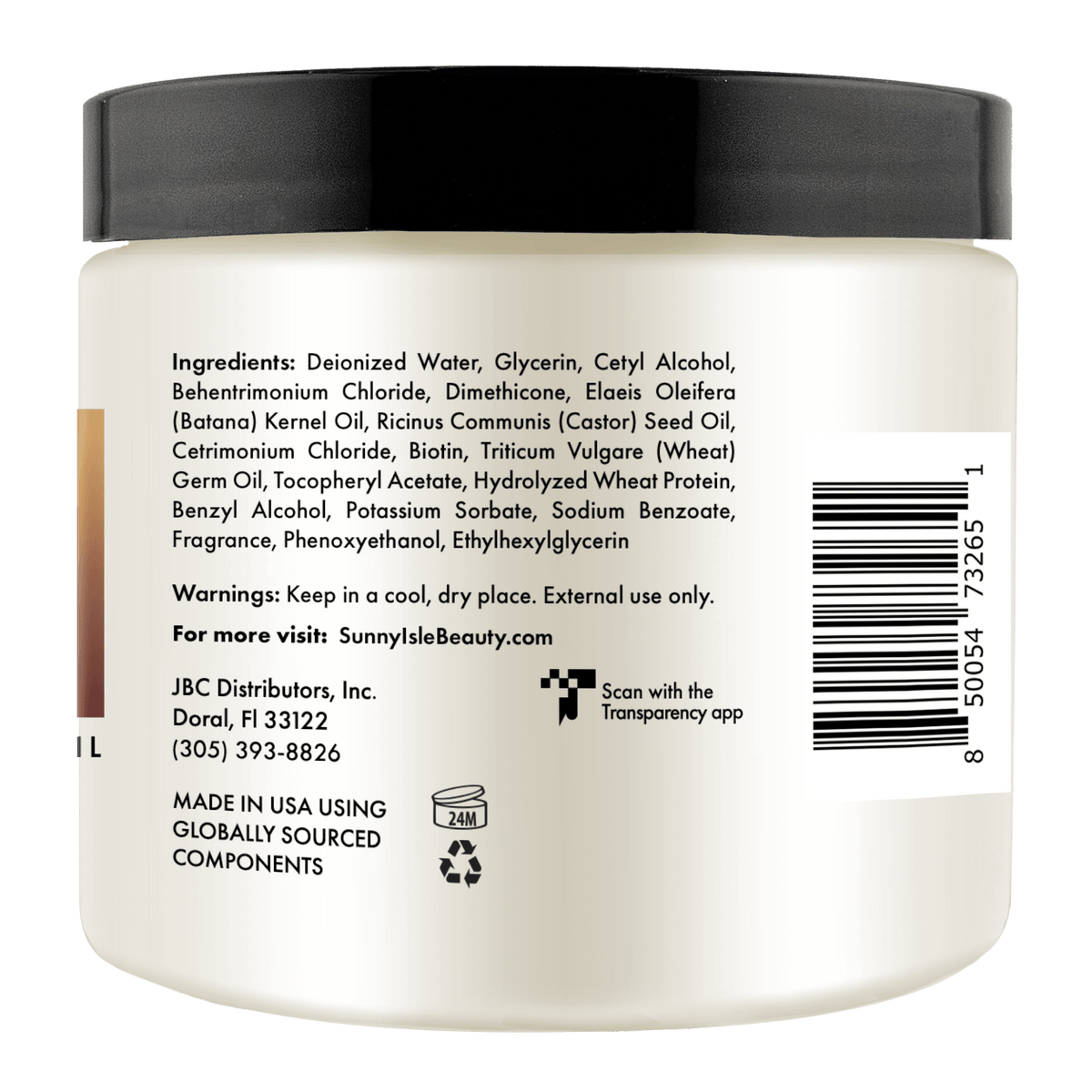 Sunny Isle Batana Anti Thinning Intensive Repair Masque 16oz right side with ingredients list and barcode