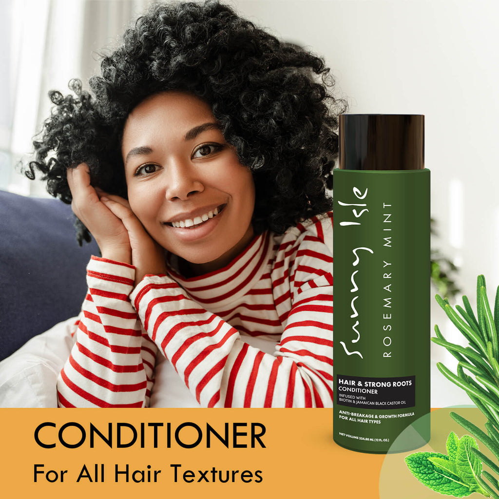 Sunny Isle Rosemary Mint Hair and Strong Roots Conditioner with natural black curl hair model for all textures