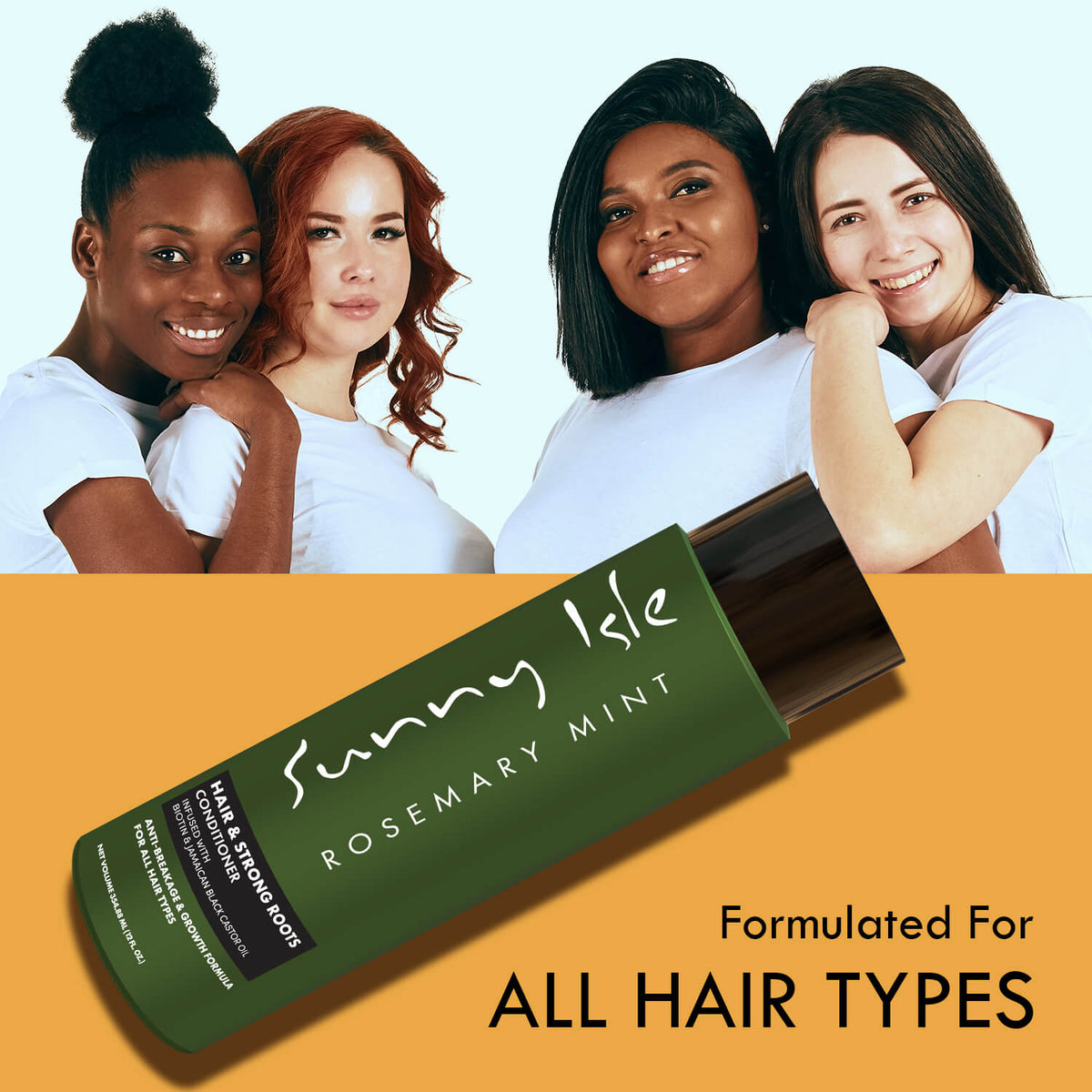 Sunny Isle Rosemary Mint Hair and Strong Roots Conditioner with four diverse models formulated for all hair types