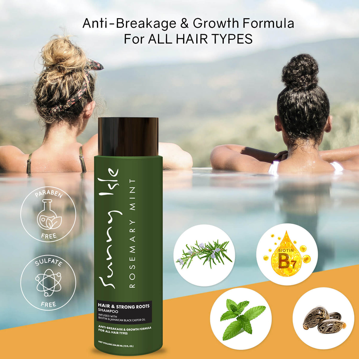 Sunny Isle Rosemary Mint Hair and Strong Roots Shampoo two women in the pool different hair textures beauty concept