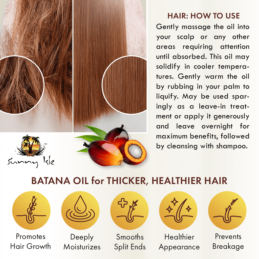Sunny Isle 100 Raw and Pure Batana Oil 2oz infographic how to use for thicker and hair with beauty icons