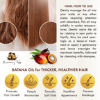 Sunny Isle 100 Raw and Pure Batana Oil 2oz infographic how to use for thicker and hair with beauty icons