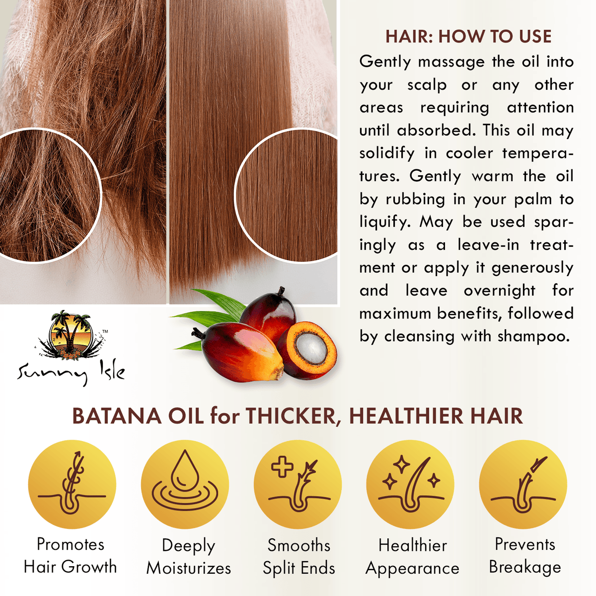 Sunny Isle 100 Raw and Pure Batana Oil 2oz infographic how to use for thicker and hair with beauty icons