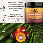 Sunny Isle 100 Raw and Pure Batana Oil 4oz infographic about the oil texture with batana fruit