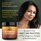 Sunny Isle 100 Raw and Pure Batana Oil 4oz with long hair woman infographic hair and skin softening