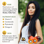 Sunny Isle 100 Raw and Pure Batana Oil 4oz infographic woman with long black hair benefits for hair and skin care