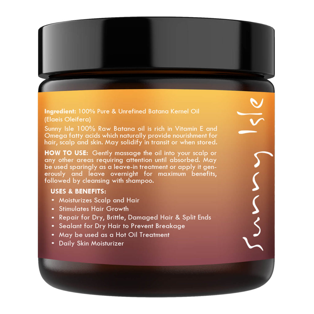 Sunny Isle 100 Raw and Pure Batana Oil 4oz jar left ingredient how to use benefits