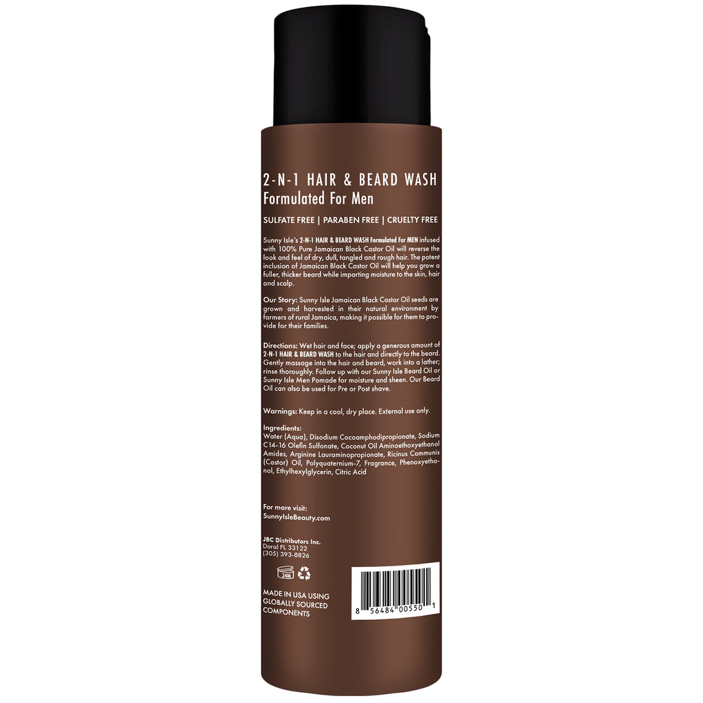 Sunny Isle Jamaican Black Castor Oil 2 N 1 Hair and Beard Wash 12oz back formulated for men directions and ingredients