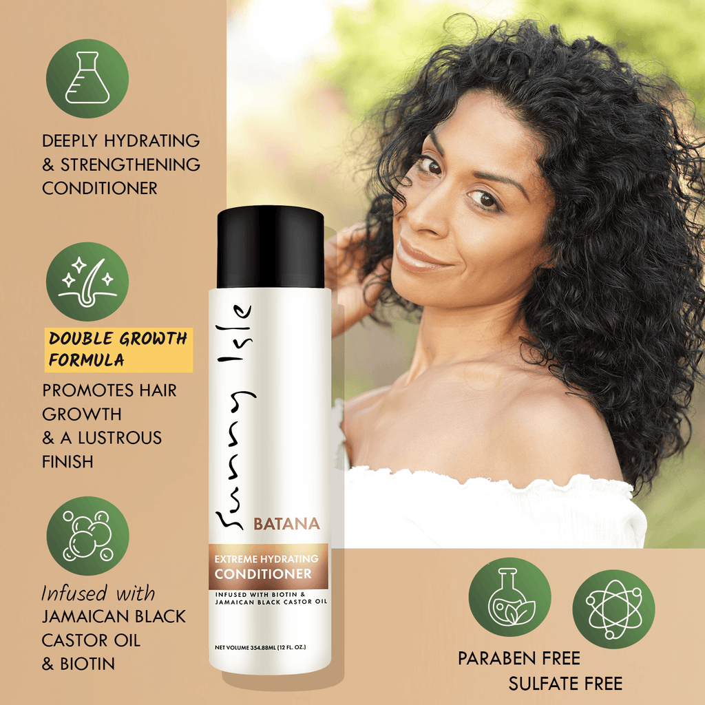 Sunny Isle Batana Anti Thinning Extreme Hydrating Conditioner infographic with wavy hair middle age woman product hair features