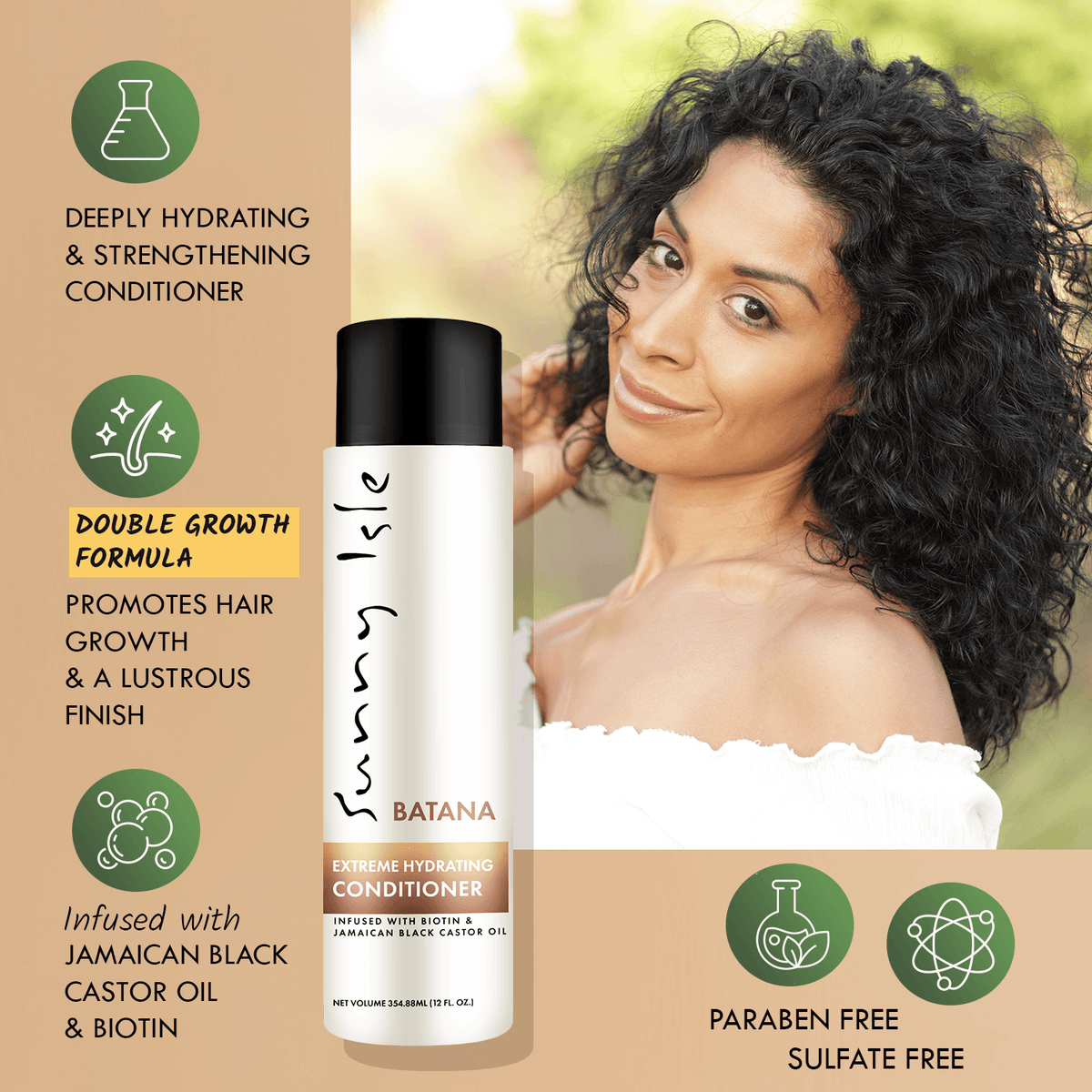 Sunny Isle Batana Anti Thinning Extreme Hydrating Conditioner infographic with wavy hair middle age woman product hair features