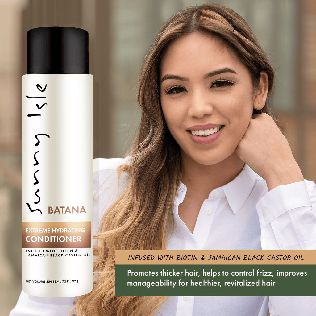 Sunny Isle Batana Anti Thinning Extreme Hydrating Conditioner 12oz with Hispanic long hair model promoter thicker hair