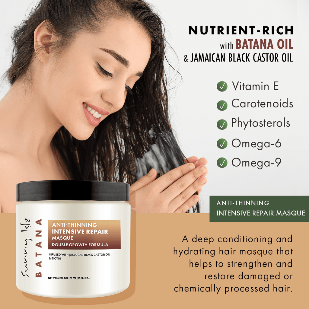 Sunny Isle Batana Anti Thinning Intensive Repair Masque with model smoothing masque into hair for deep conditioning