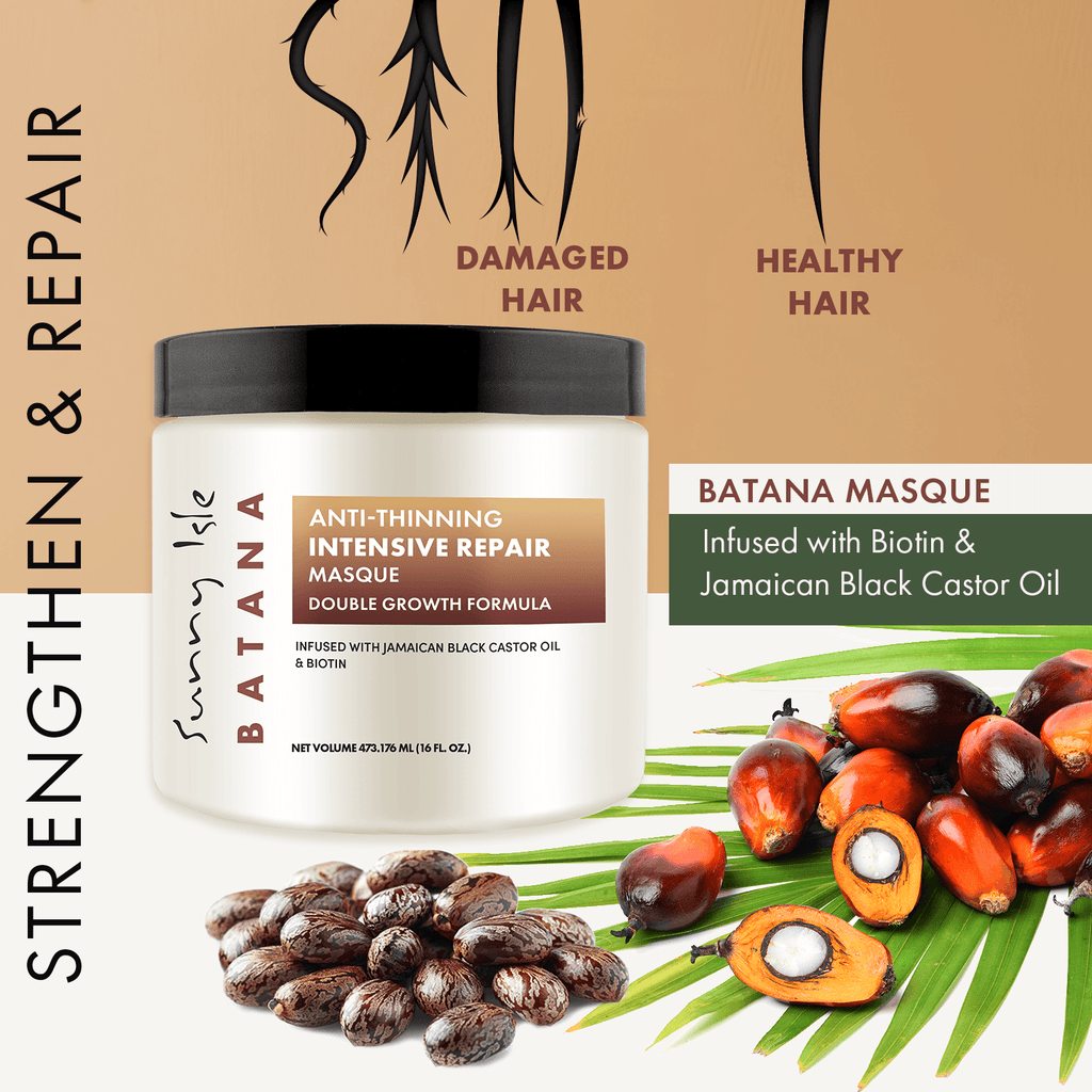 Sunny Isle Batana Anti Thinning Intensive Repair Masque damaged hair infographic with hair types castor and batana seeds
