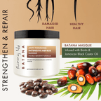 Sunny Isle Batana Anti Thinning Intensive Repair Masque damaged hair infographic with hair types castor and batana seeds