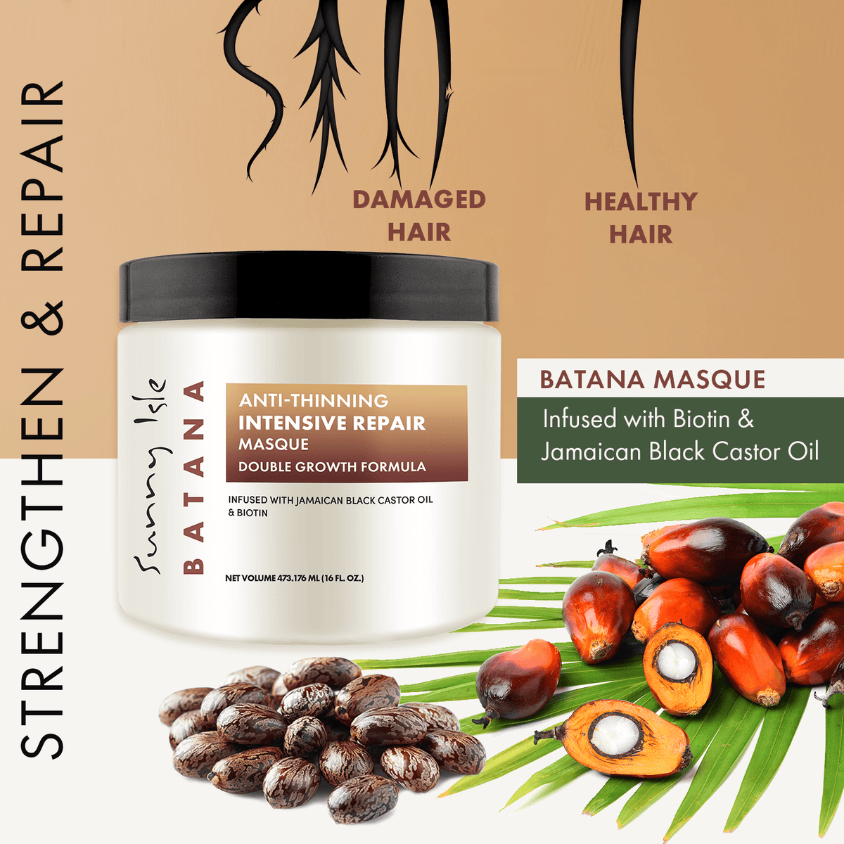 Sunny Isle Batana Anti Thinning Intensive Repair Masque damaged hair infographic with hair types castor and batana seeds