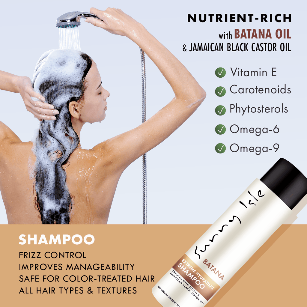 Sunny Isle Batana Anti Thinning Extreme Hydrating Shampoo 12oz lifestyle model in the shower washing her hair nutrient rich shampoo