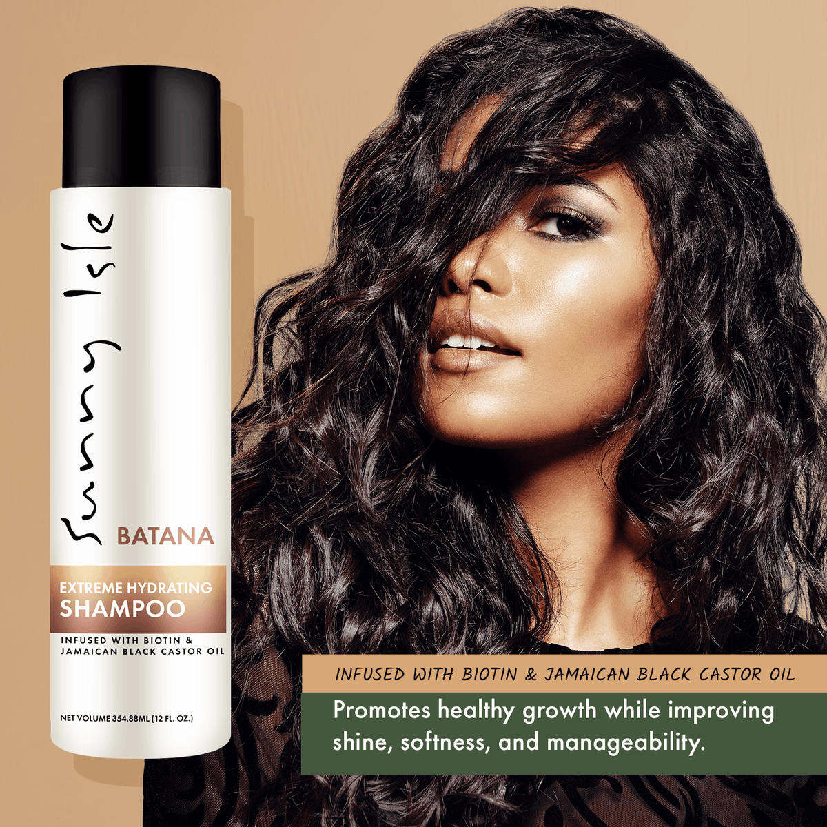 Sunny Isle Batana Anti Thinning Extreme Hydrating Shampoo 12oz with long natural wavy hair model for shine and manageability