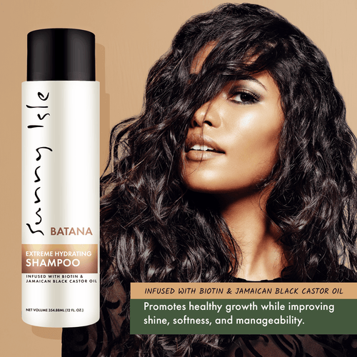 Sunny Isle Batana Anti Thinning Extreme Hydrating Shampoo 12oz with long natural wavy hair model for shine and manageability