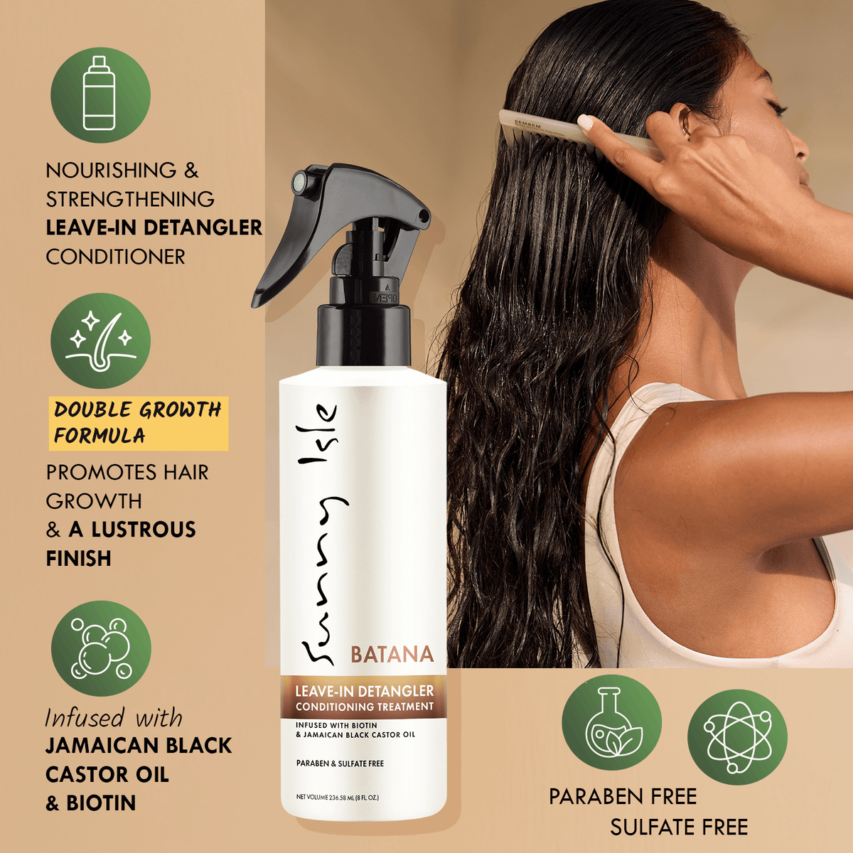 Sunny Isle Batana Leave In Detangler Conditioning with Indian model combing long black hair with beauty hair care features