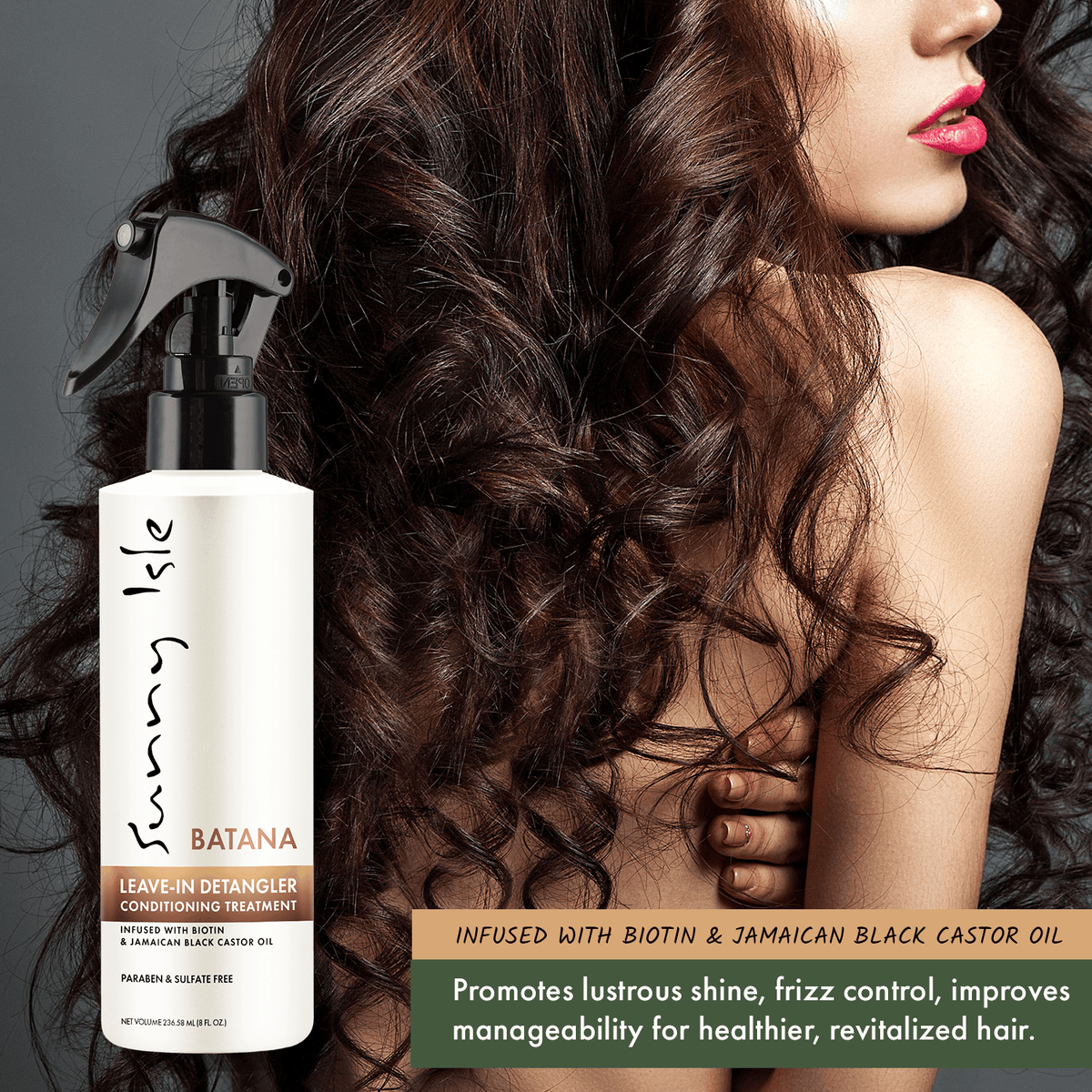 Sunny Isle Batana Leave In Detangler Conditioning 8oz with long wavy hair model promotes lustrous shine and frizz control