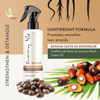 Sunny Isle Batana Leave In Detangler Conditioning 8oz lightweight formula infographic featuring castor and batana seeds