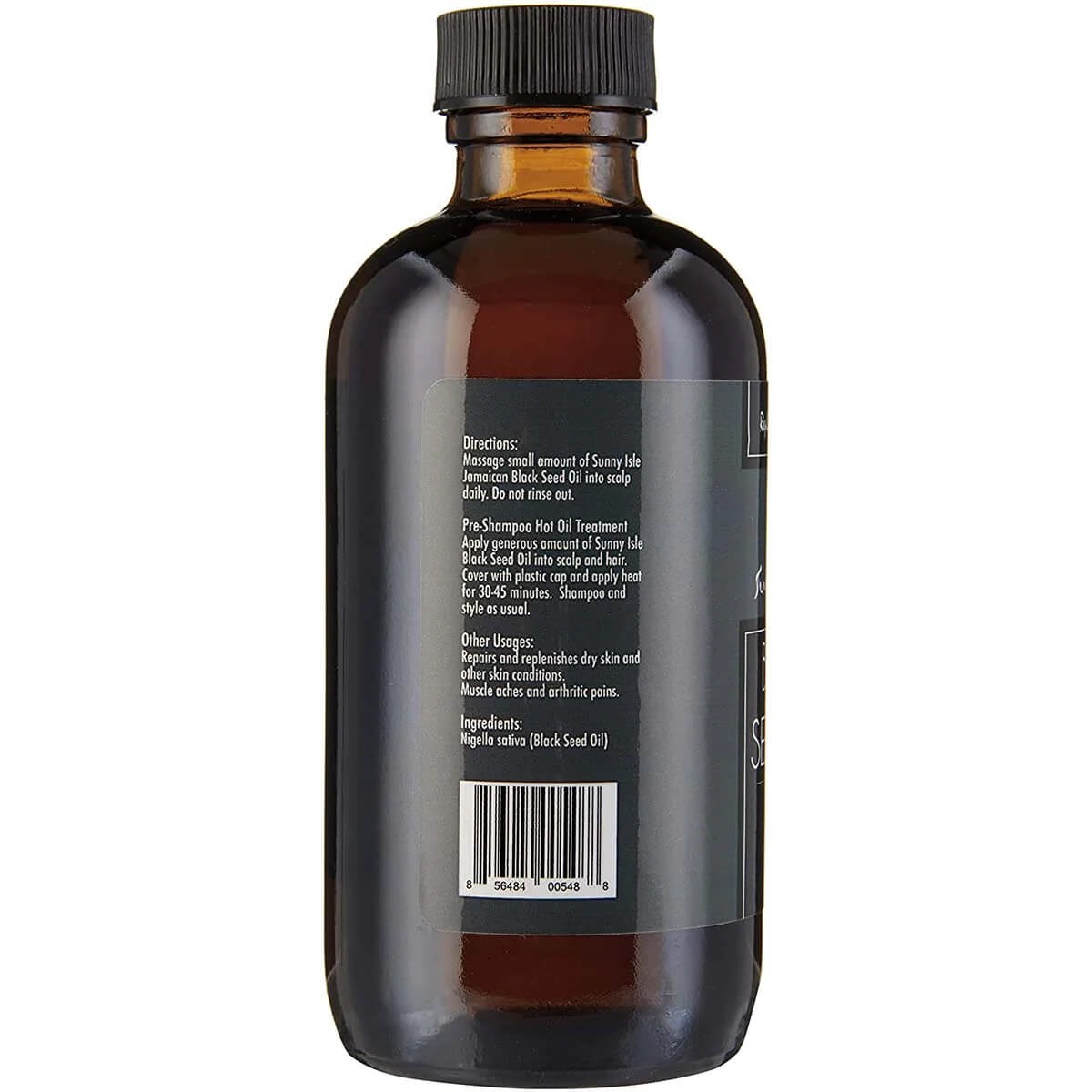 Sunny Isle Black Seed Oil 4oz bottle left featuring directions ingredient upc barcode