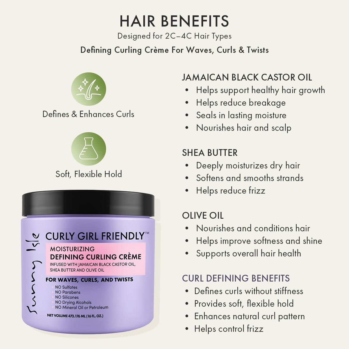 Sunny Isle Curly Girl Friendly Moisturizing Defining Curling Creme 16oz