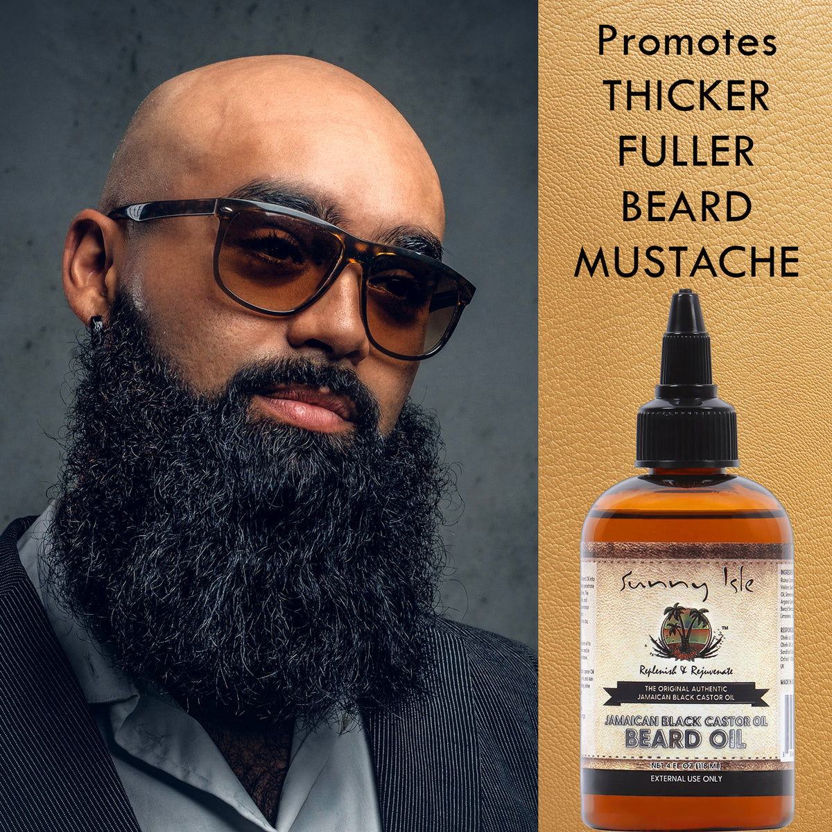 Sunny Isle Jamaican Black Castor Oil Beard Oil 4oz lifestyle with bearded model promotes thicker fuller beard and mustache