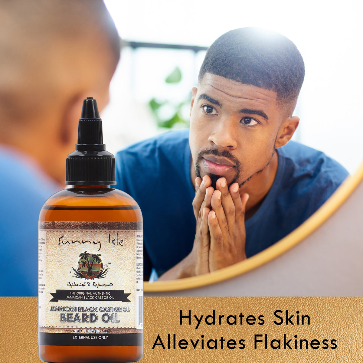 Sunny Isle Jamaican Black Castor Oil Beard Oil 4oz lifestyle with young man touching his beard looking in the mirror