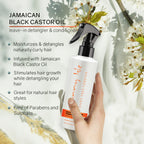 Sunny Isle Jamaican Black Castor Oil Knot Free Forever Detangler hand holding bottle and benefits list