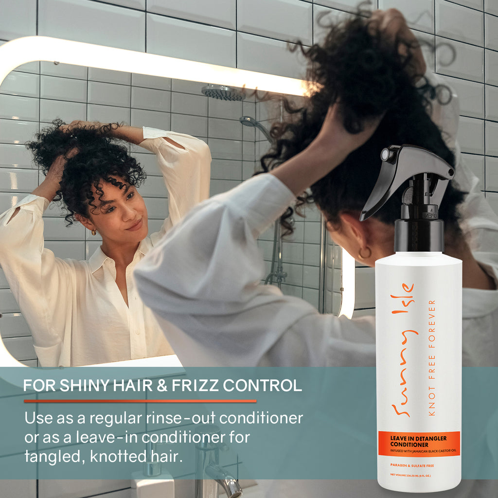 Sunny Isle Jamaican Black Castor Oil Knot Free Forever Detangler model coming hair for shine and frizz control