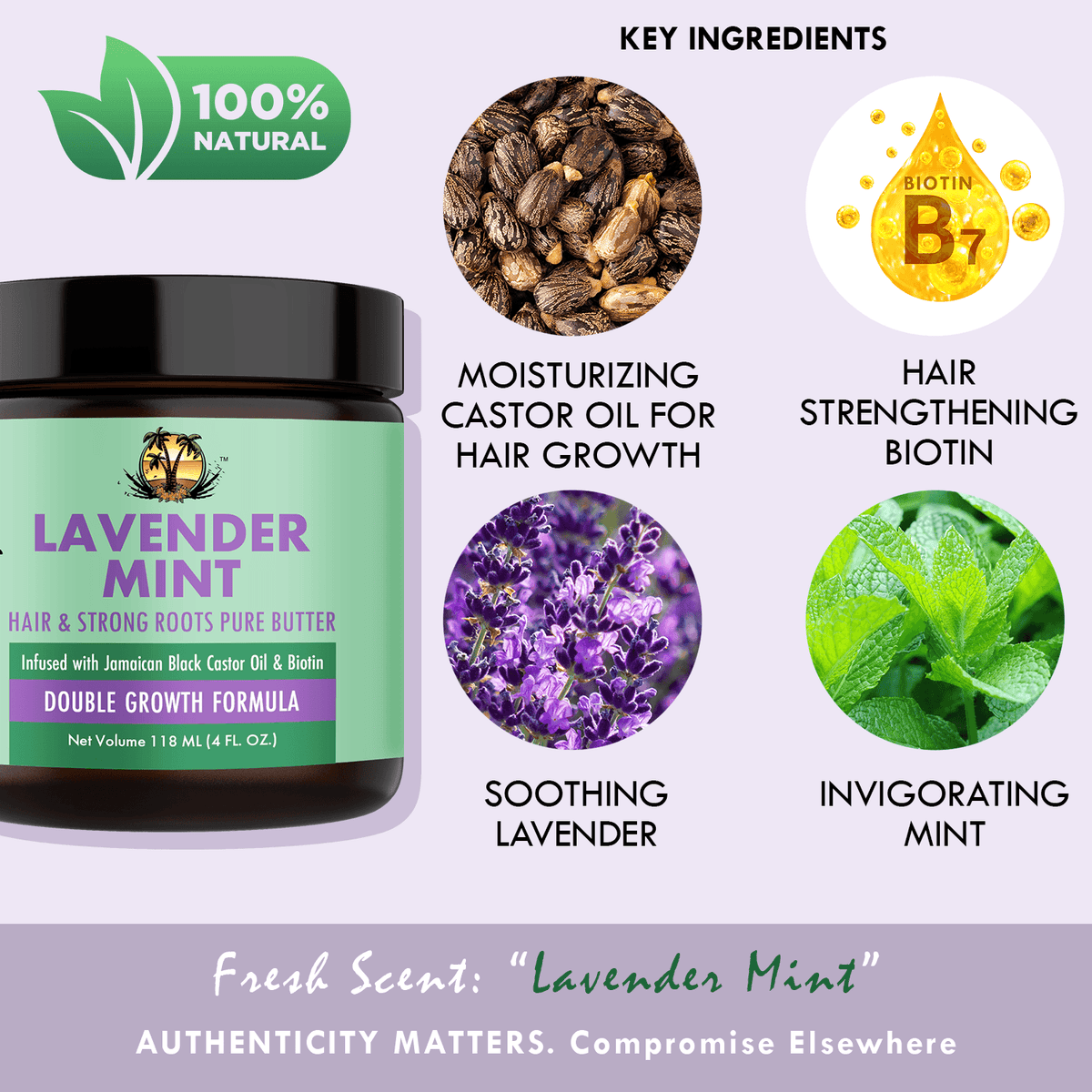Sunny Isle Lavender Mint Hair and Strong Roots Pure Butter 4oz Infographic Ingredients