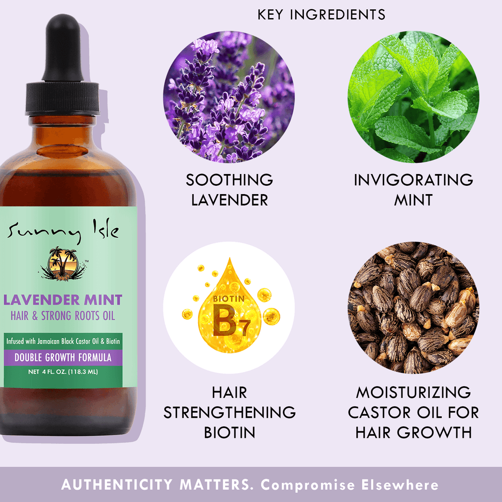 Sunny Isle Lavender Mint Hair and Strong Roots Oil 4oz Infographic Key Ingredients