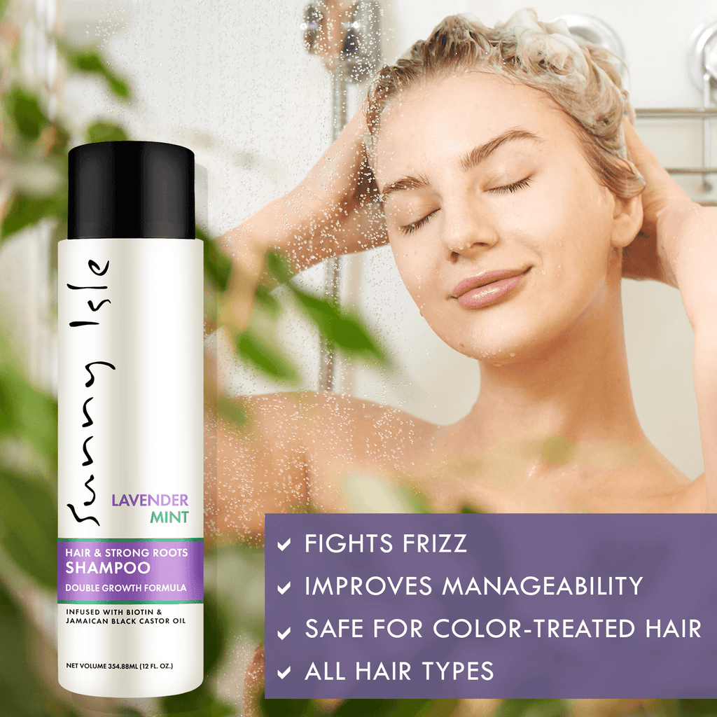 Sunny Isle Lavender Mint Hair and Strong Roots Shampoo 12oz Lifestyle Blonde Model