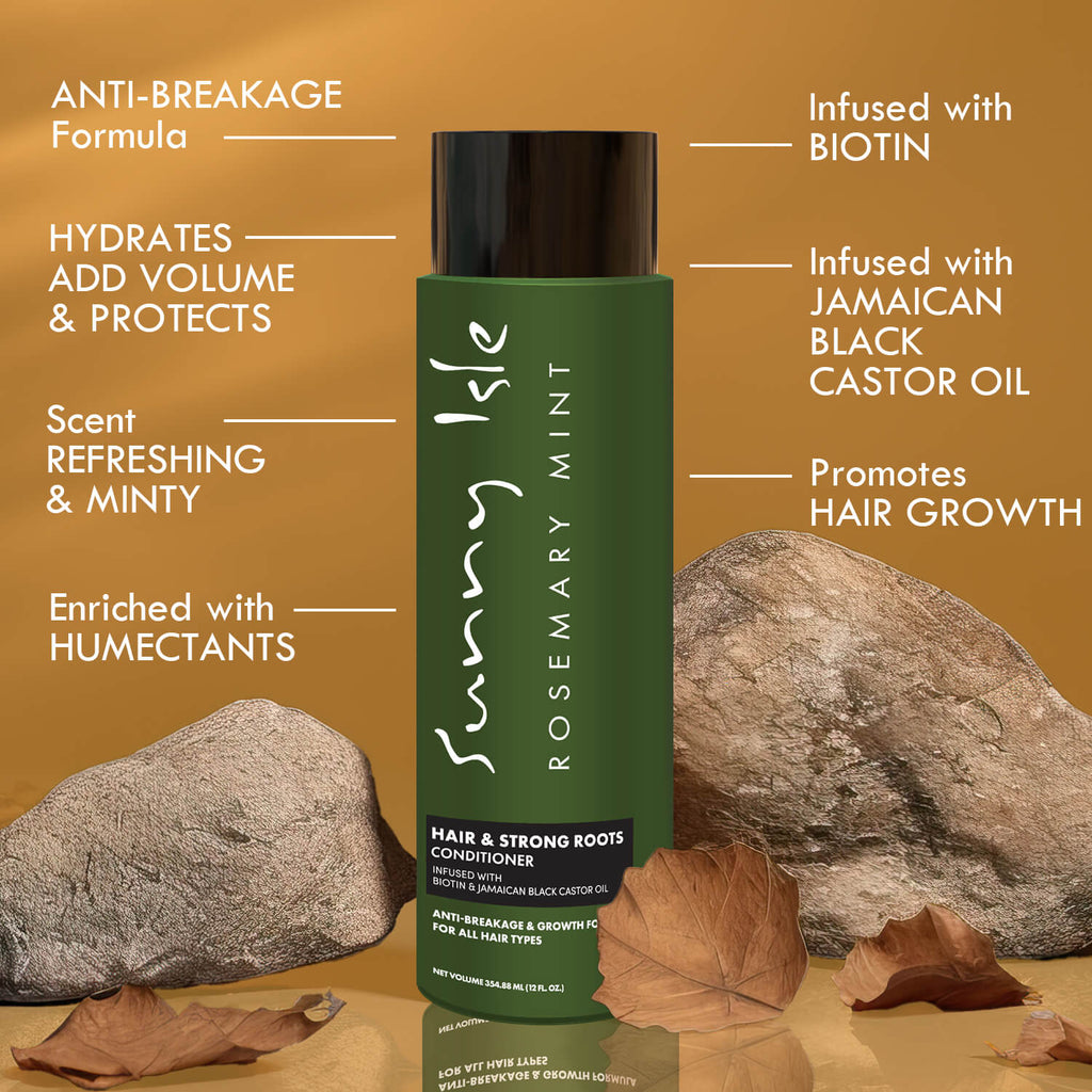 Sunny Isle Rosemary Mint Hair and Strong Roots Conditioner infographic with product features for hair