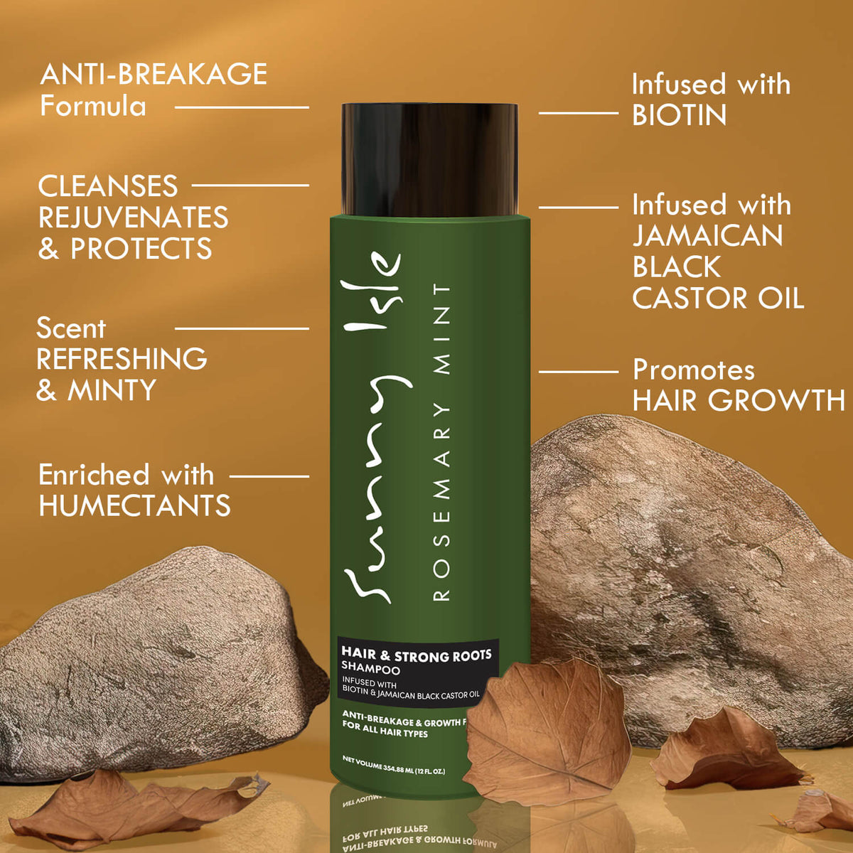 Sunny Isle Rosemary Mint Hair and Strong Roots Shampoo infographic with hair care product features and fresh scent