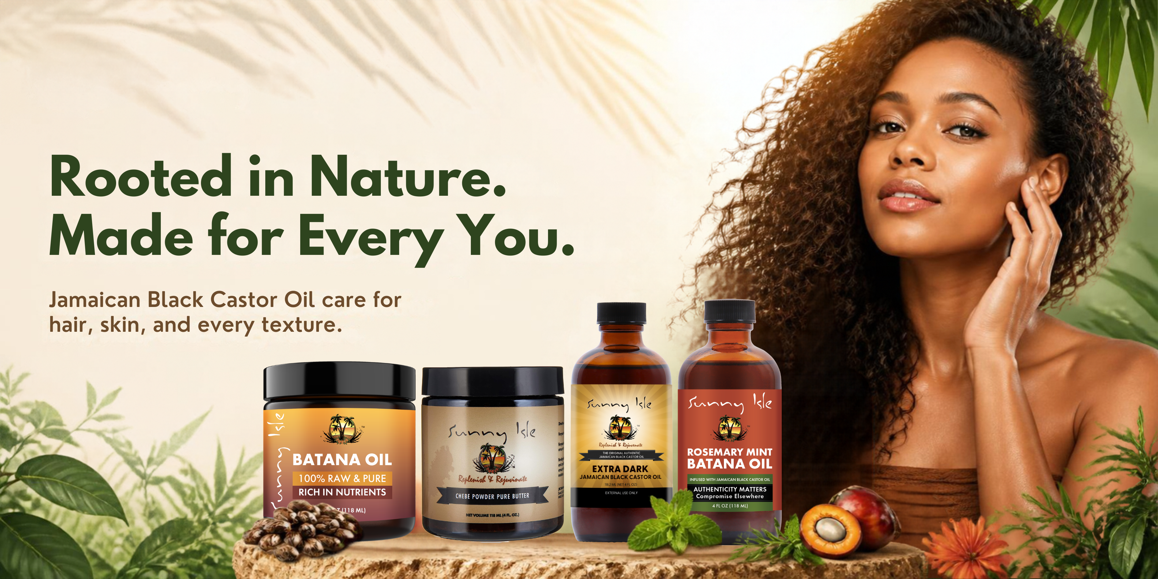 Sunny-Isle-homepage-center-cover featuring model butters and oils with seeds