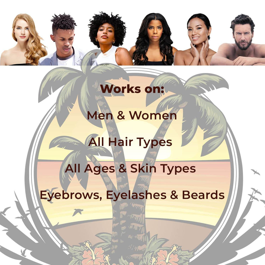 Sunny Isle Jamaican Black Castor Oil Pure Butter with Coconut Oil 4oz infographic featuring six diverse models hair textures