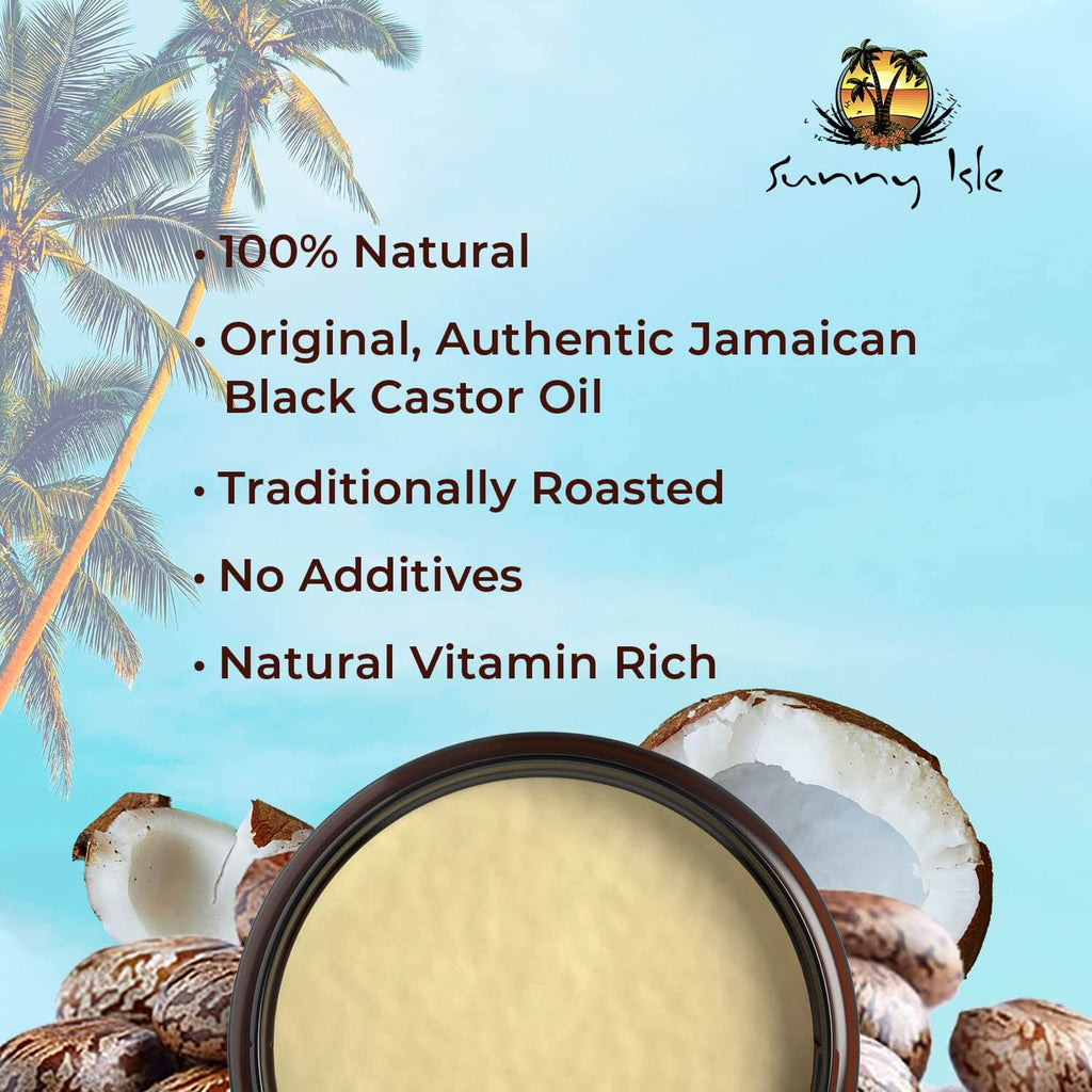 Sunny Isle Jamaican Black Castor Oil Pure Butter with Coconut Oil open jar with raw coconut and castor seeds infographic