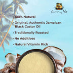 Sunny Isle Jamaican Black Castor Oil Pure Butter with Coconut Oil open jar with raw coconut and castor seeds infographic