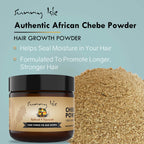 Sunny Isle 100 Natural Chebe Powder 1oz jar with heaped chebe powder infographic