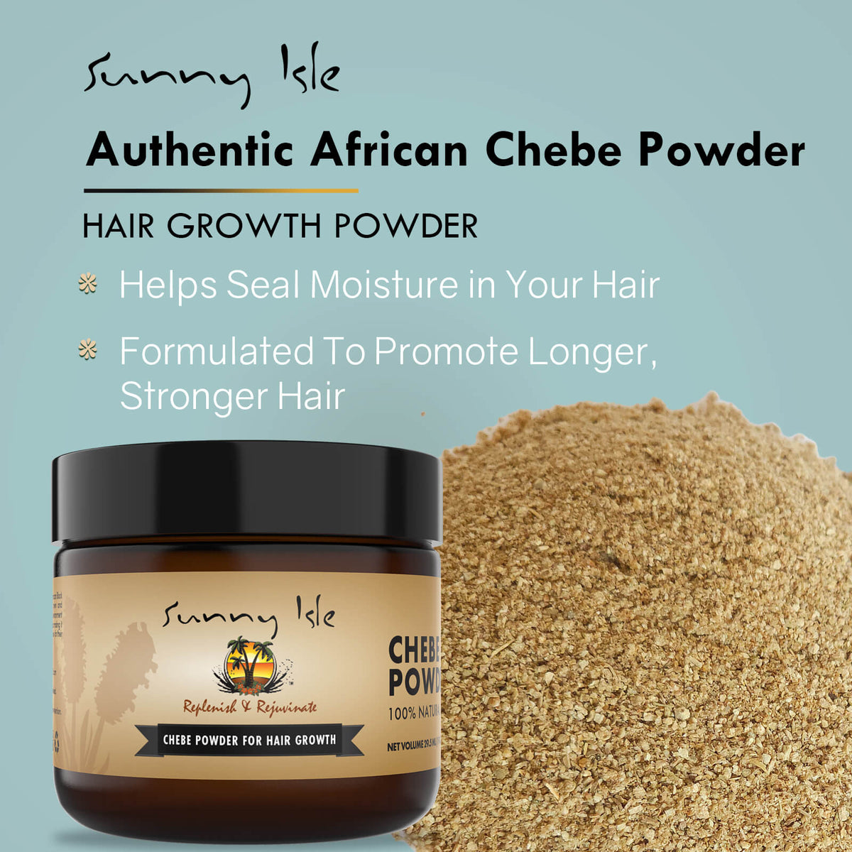 Sunny Isle 100 Natural Chebe Powder 1oz jar with heaped chebe powder infographic