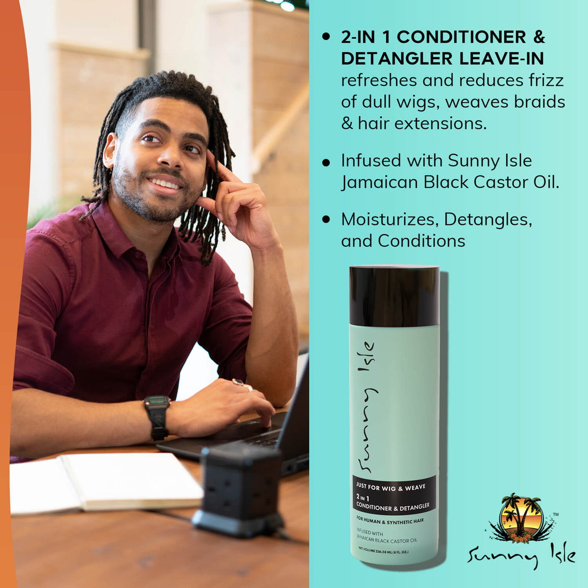 Sunny Isle Just for Wig Weave Braid and Extensions 2 in 1 Conditioner and Detangler 8oz