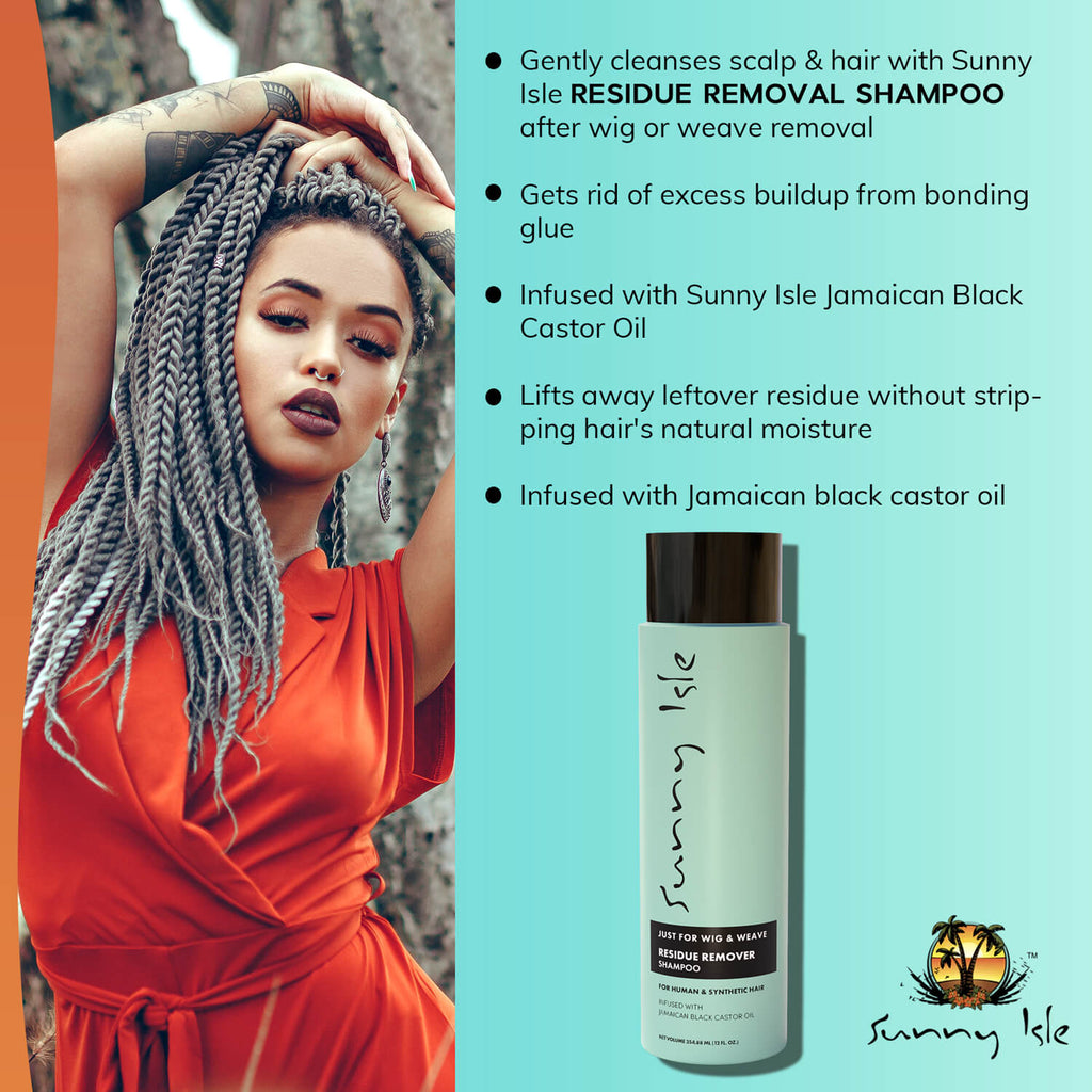 Sunny Isle Just for Wig Weave Braid and Extensions Residue Remover Shampoo model with braids and benefits details