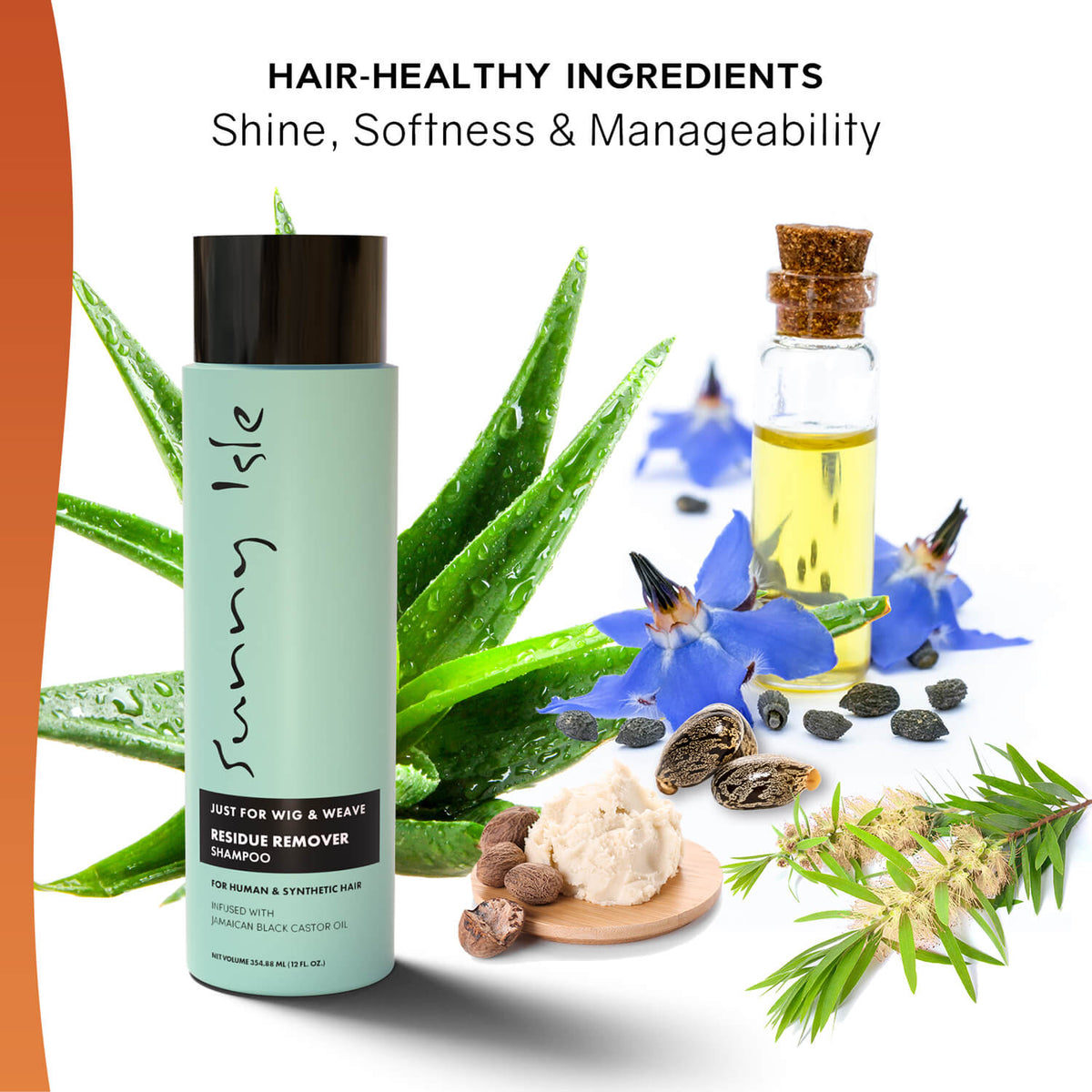 Sunny Isle Just for Wig Weave Braid and Extensions Residue Remover Shampoo infographic with raw ingredients